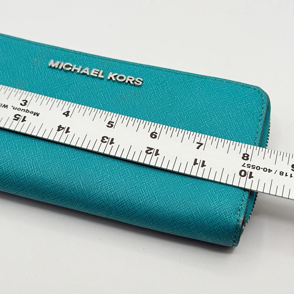 Michael Kors Jet Set Travel Continental Wallet Teal Saffiano Leather Zip Around